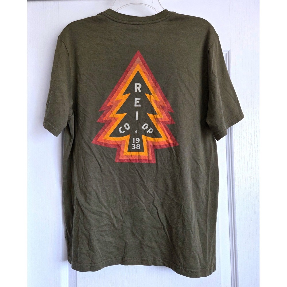 REI Co-op Mens Graphic T-Shirt Olive Green Pine Tree Logo Organic Blend Sz M